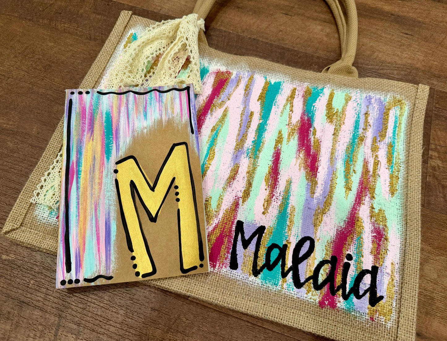 Hand Painted Burlap Tote + Journal