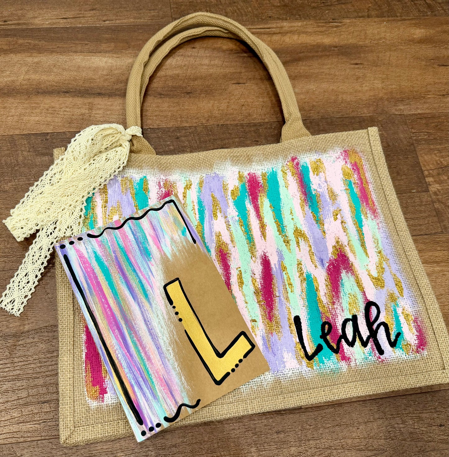 Hand Painted Burlap Tote + Journal