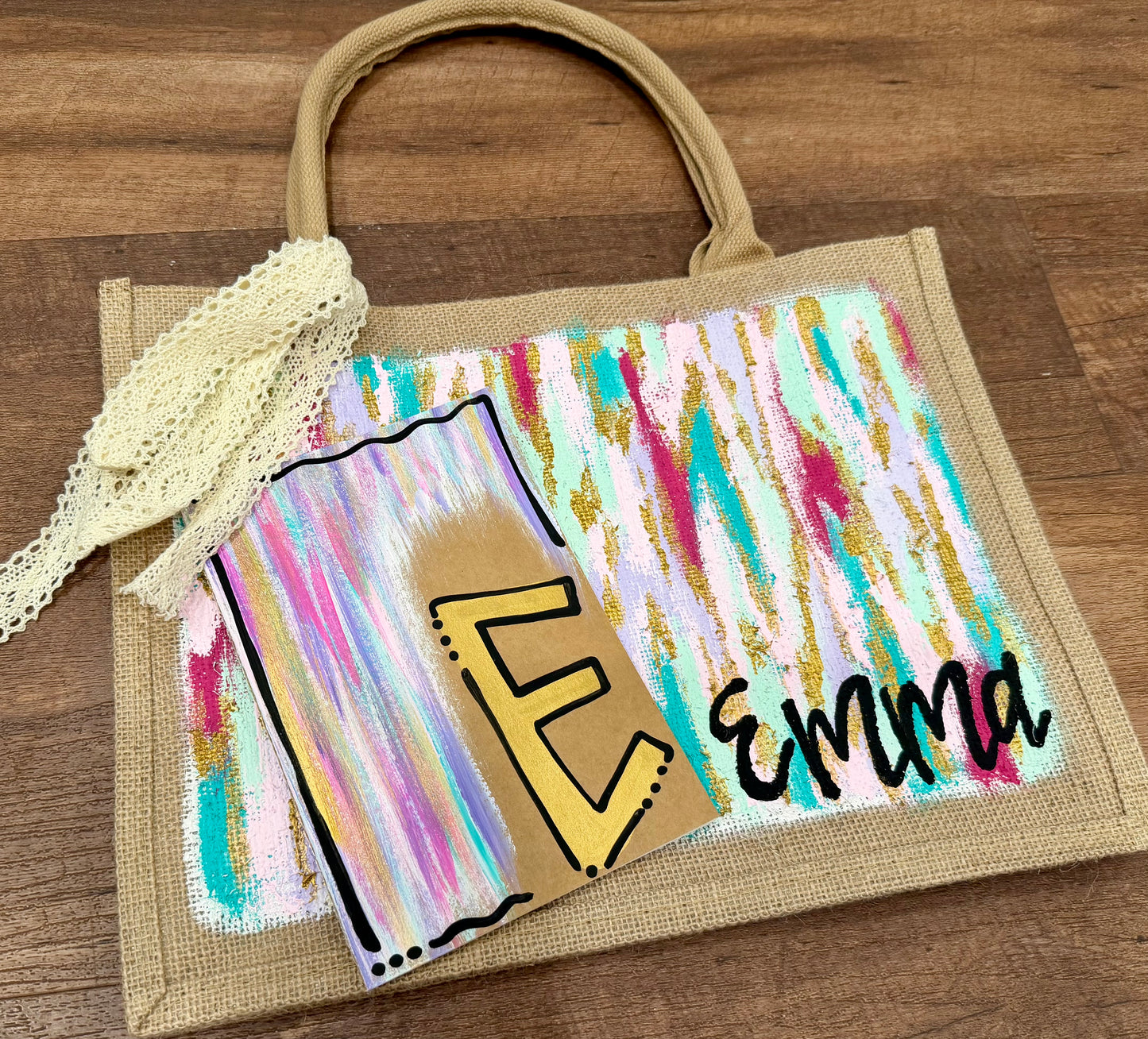 Hand Painted Burlap Tote + Journal