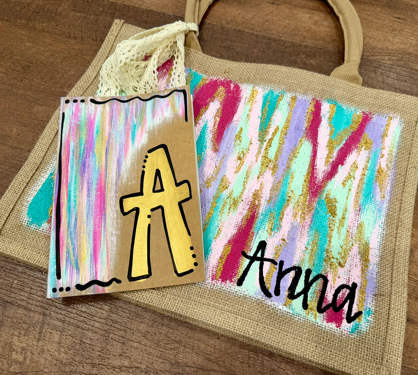 Hand Painted Burlap Tote + Journal