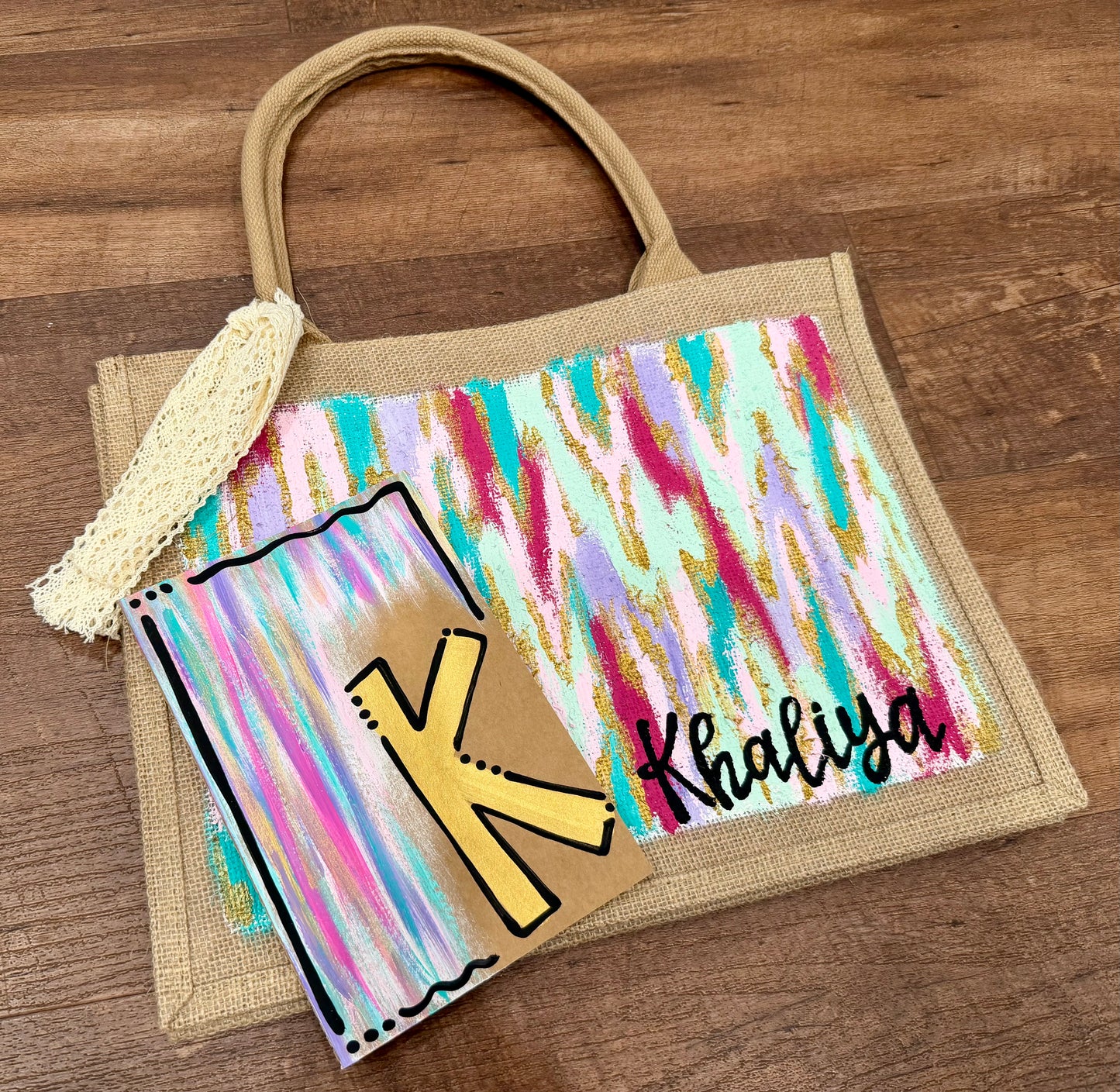 Hand Painted Burlap Tote + Journal