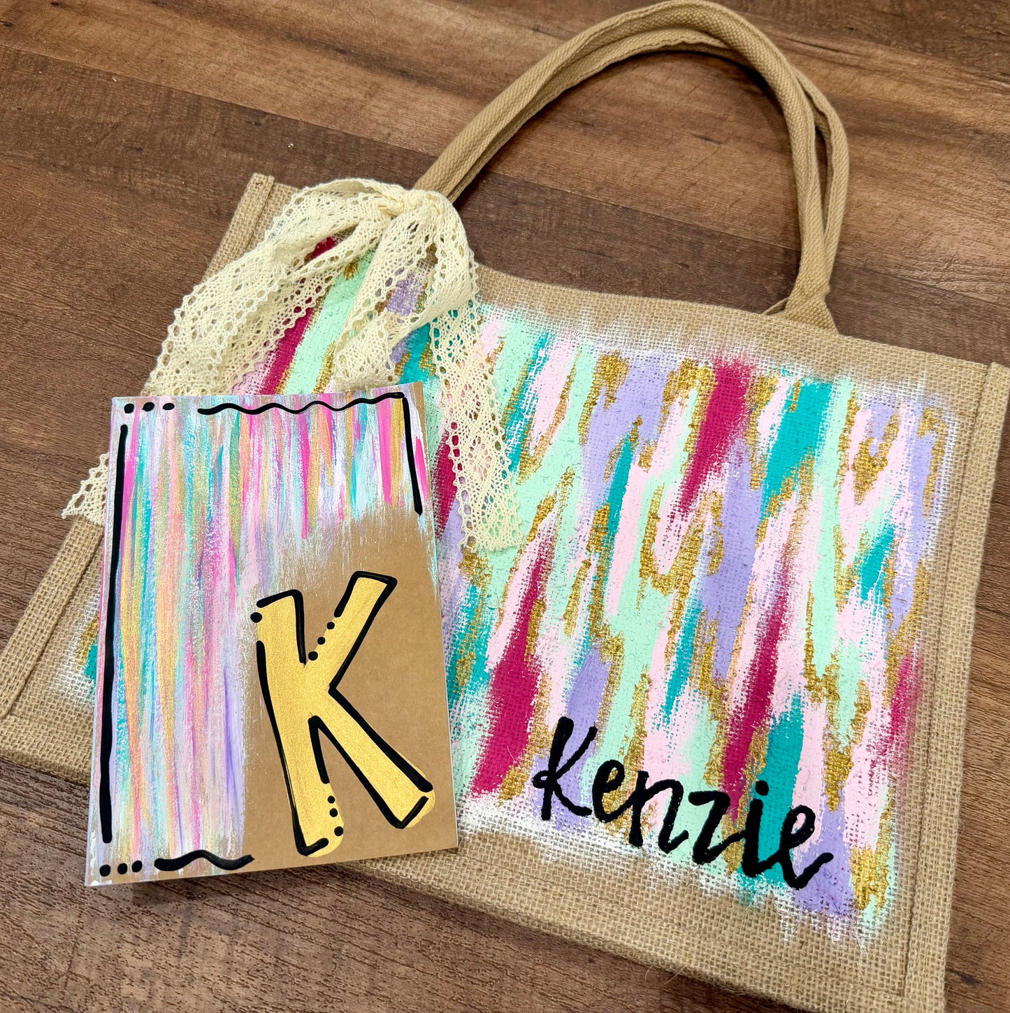 Hand Painted Burlap Tote + Journal