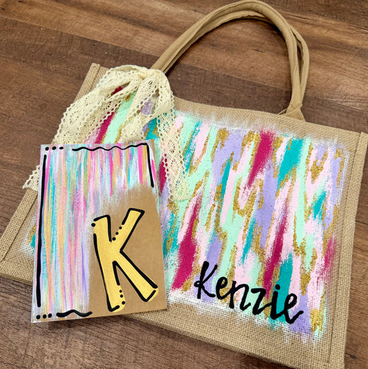 Hand Painted Burlap Tote + Journal