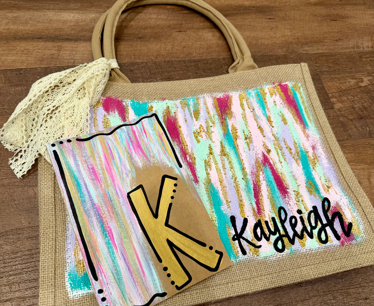 Hand Painted Burlap Tote + Journal