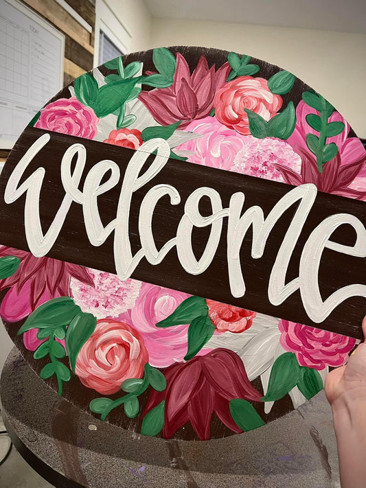 Pink Floral Center Welcome Circle Door Hanger