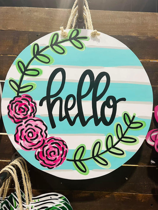 Blue Floral Hello Circle Door Hanger