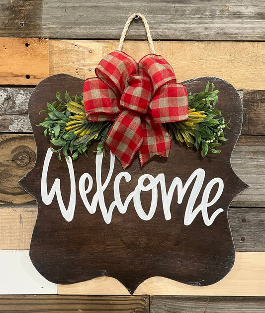 Stained Welcome Scallop- red plaid