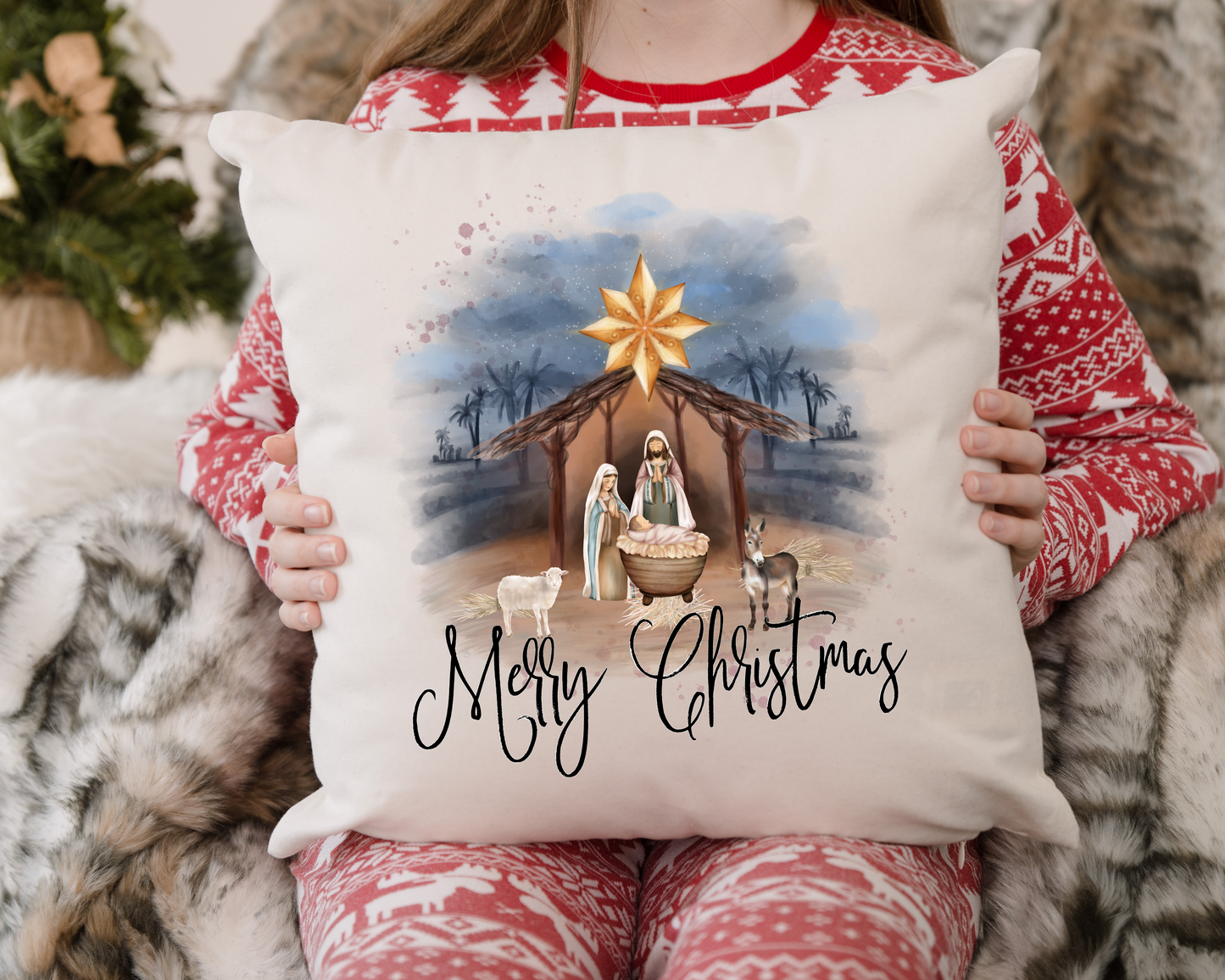 Merry Christmas Manger Scene Pillow