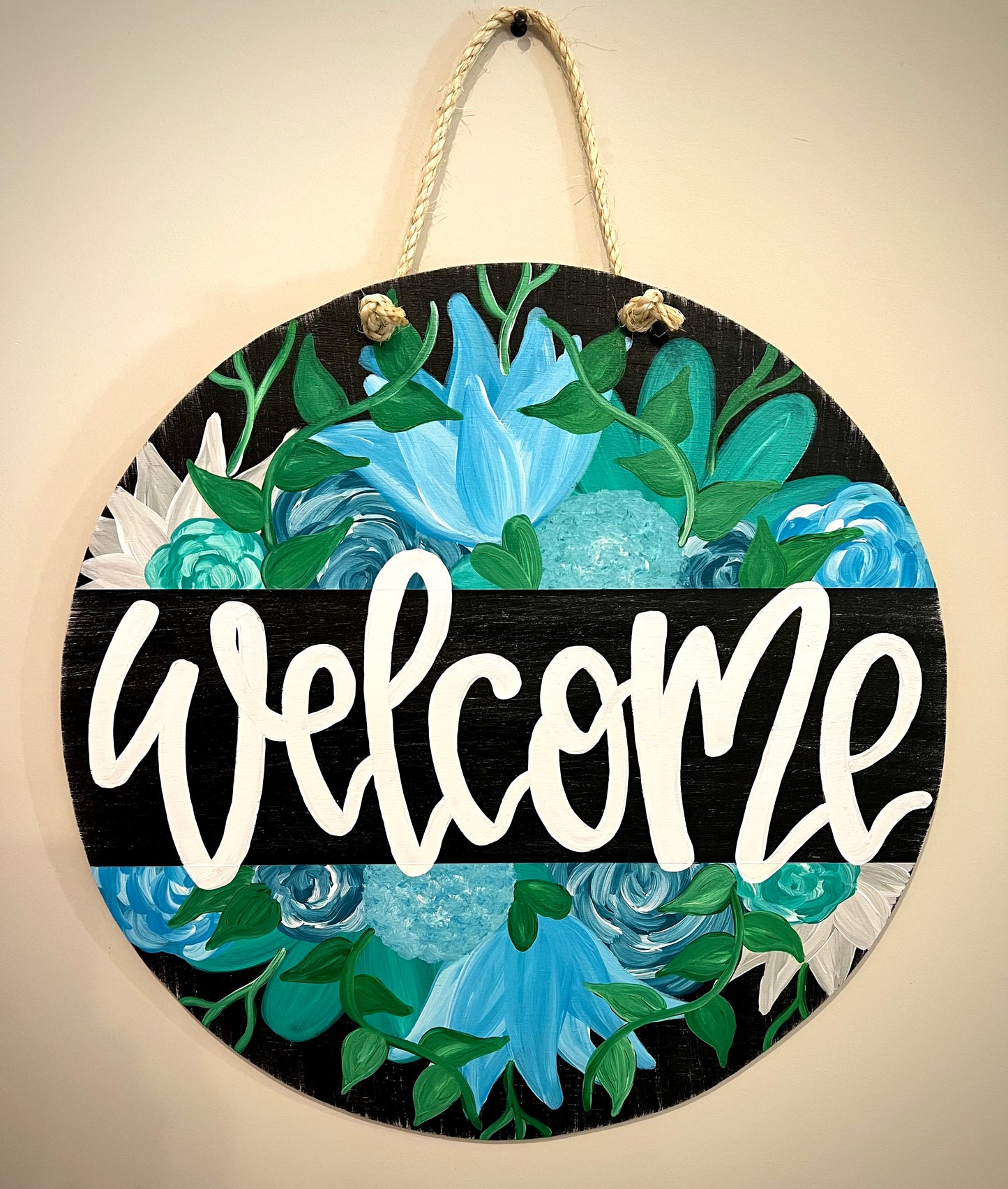 Blue Floral Center Welcome Door Hanger