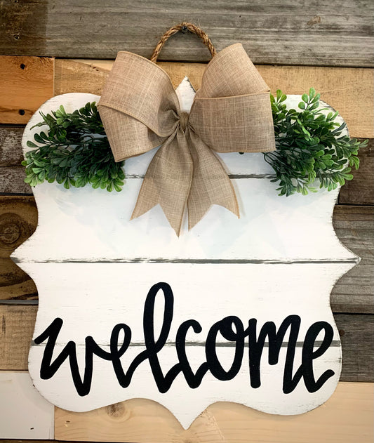 White Shiplap Scalloped Welcome