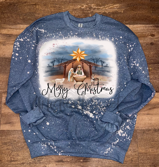 Merry Christmas Manger Scene Bleached Sweatshirt