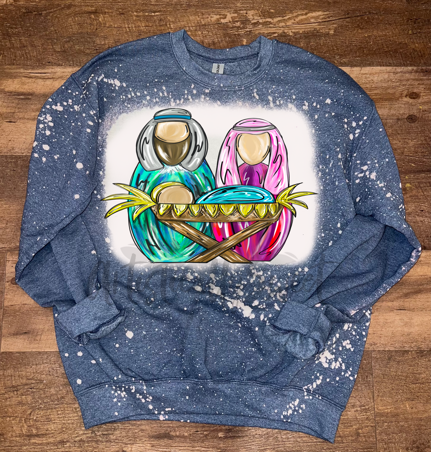 Colorful Manger Scene Bleached Sweatshirt